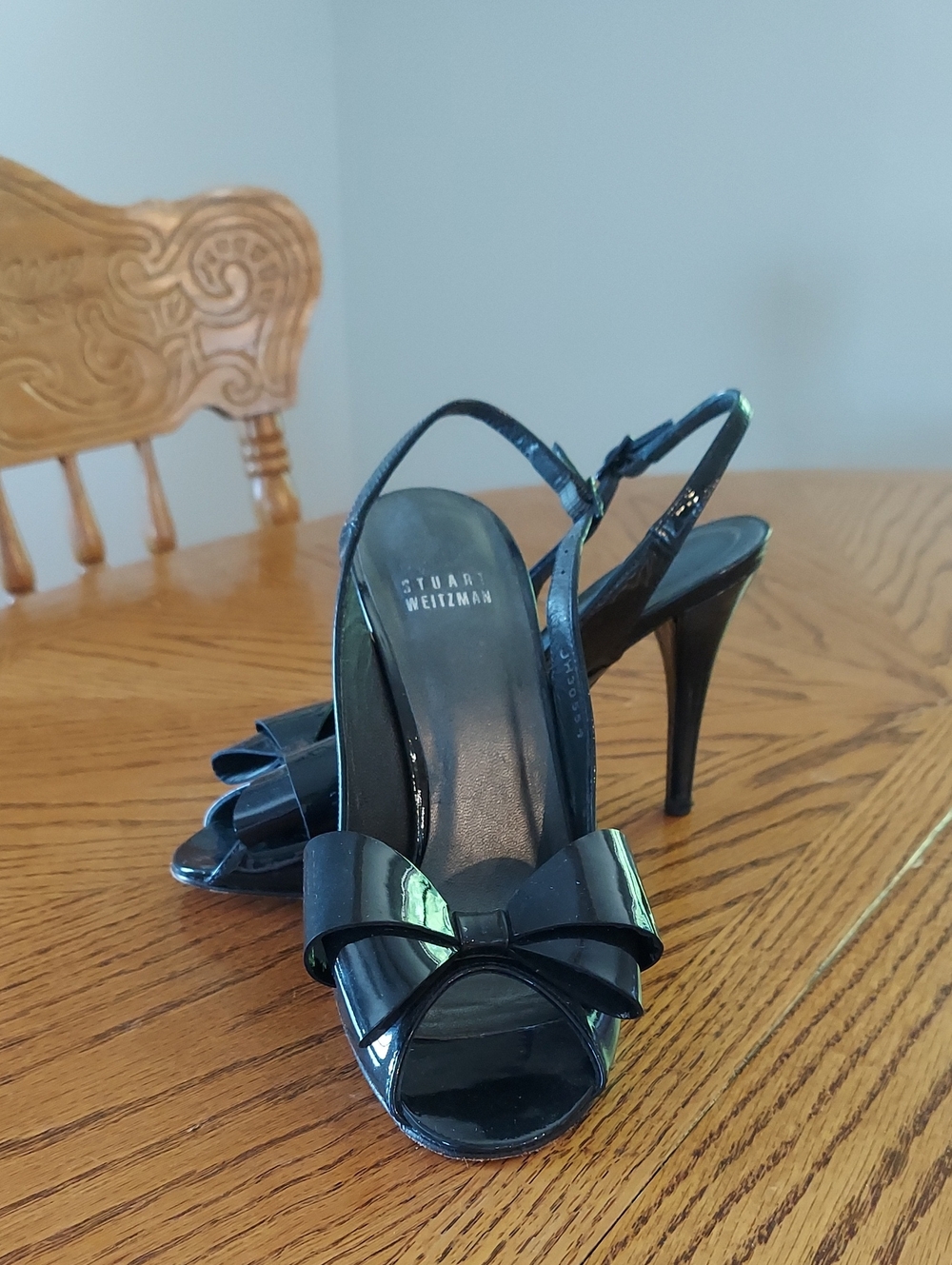 Stuart Weitzman Black Patent Slingback Heels with Bow Accent